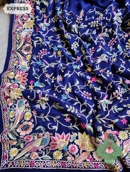 Zynah Navy Blue Pure Crepe Silk Hand Embroidered Parsi Gara Saree, Authentic Vintage Art, Heirloom Piece; Custom Stitched/Ready-made Blouse, Fall, Petticoat; SKU: 2302202305