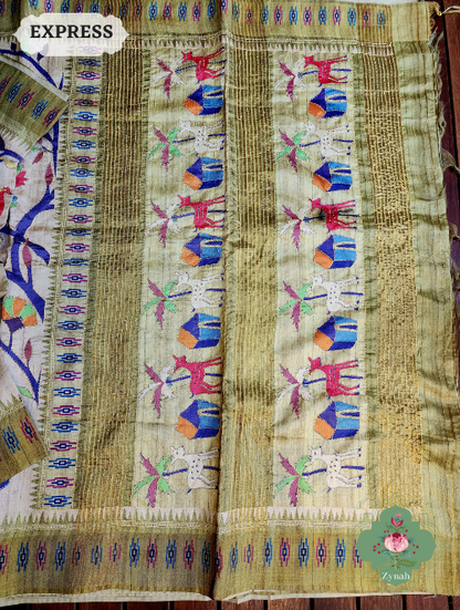Zynah Beige/Olive Jute Linen Saree With Kantha Work; Custom Stitched/Ready-made Blouse, Fall, Petticoat; SKU: 1104202302