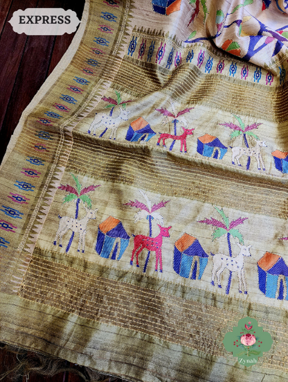 Zynah Beige/Olive Jute Linen Saree With Kantha Work; Custom Stitched/Ready-made Blouse, Fall, Petticoat; SKU: 1104202302