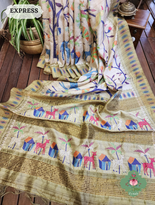 Zynah Beige/Olive Jute Linen Saree With Kantha Work; Custom Stitched/Ready-made Blouse, Fall, Petticoat; SKU: 1104202302