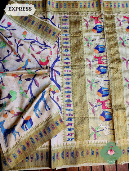 Zynah Beige/Olive Jute Linen Saree With Kantha Work; Custom Stitched/Ready-made Blouse, Fall, Petticoat; SKU: 1104202302