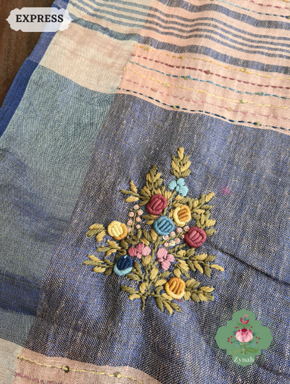 Zynah Peach Organic & Superior Count Pure Linen By Linen Saree With Zari Border, French-knot Embroidered Butis & Kantha Work Pallu; Custom Stitched/Ready-made Blouse, Fall, Petticoat; SKU: 2401202303