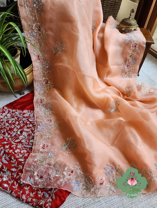 Zynah Peach Organza Silk Saree With Cutdana & Sequins Handwork; Custom Stitched/Ready-made Blouse, Fall, Petticoat; SKU: 1703202302
