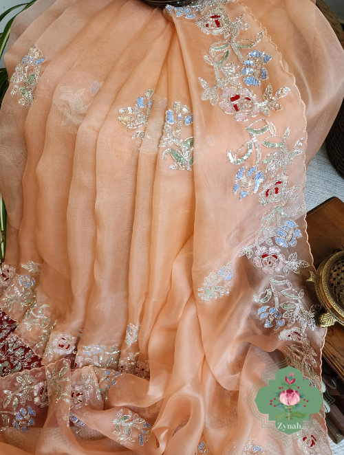 Zynah Peach Organza Silk Saree With Cutdana & Sequins Handwork; Custom Stitched/Ready-made Blouse, Fall, Petticoat; SKU: 1703202302