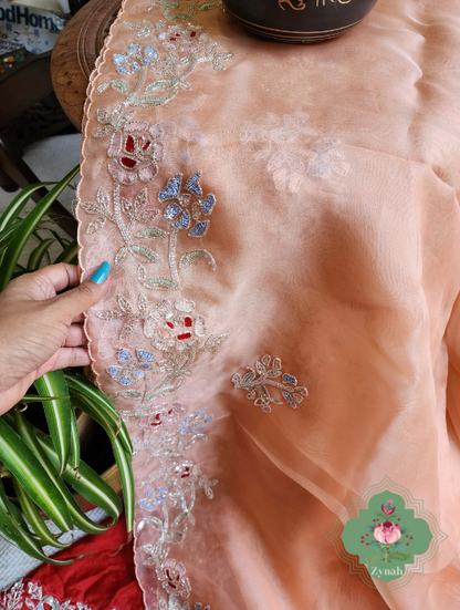 Zynah Peach Organza Silk Saree With Cutdana & Sequins Handwork; Custom Stitched/Ready-made Blouse, Fall, Petticoat; SKU: 1703202302
