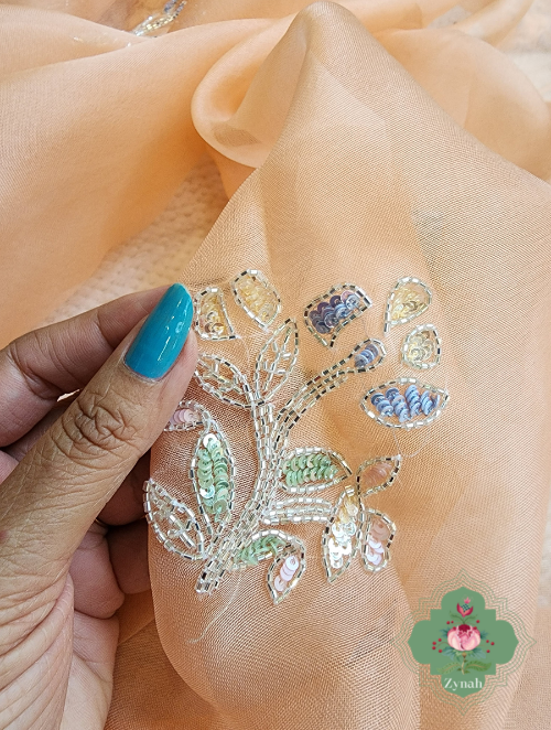 Zynah Peach Organza Silk Saree With Cutdana & Sequins Handwork; Custom Stitched/Ready-made Blouse, Fall, Petticoat; SKU: 1703202302