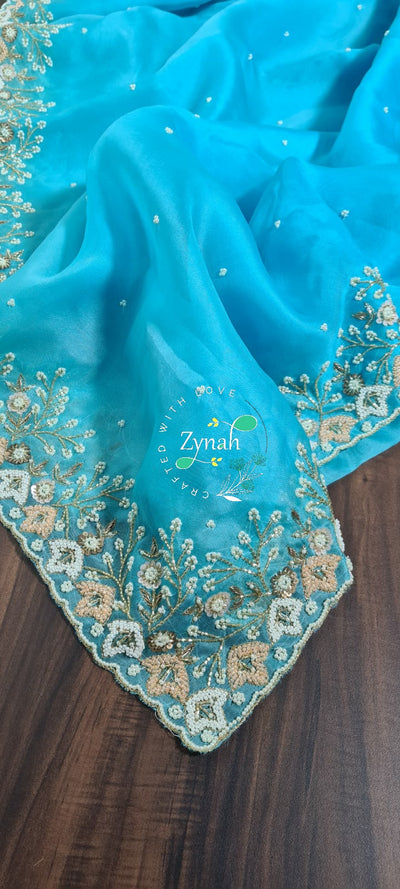 Zynah Organza Silk Saree with Pearls, Sequence, & Beads Work; Custom Stitched/Ready-made Blouse, Fall, Petticoat; Shipping available USA, Worldwide