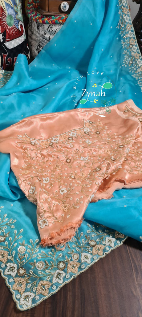 Zynah Organza Silk Saree with Pearls, Sequence, & Beads Work; Custom Stitched/Ready-made Blouse, Fall, Petticoat; Shipping available USA, Worldwide