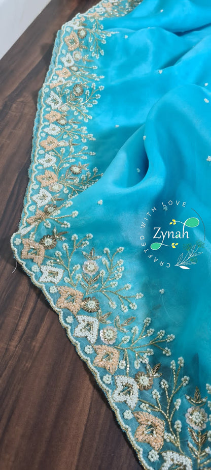 Zynah Organza Silk Saree with Pearls, Sequence, & Beads Work; Custom Stitched/Ready-made Blouse, Fall, Petticoat; Shipping available USA, Worldwide