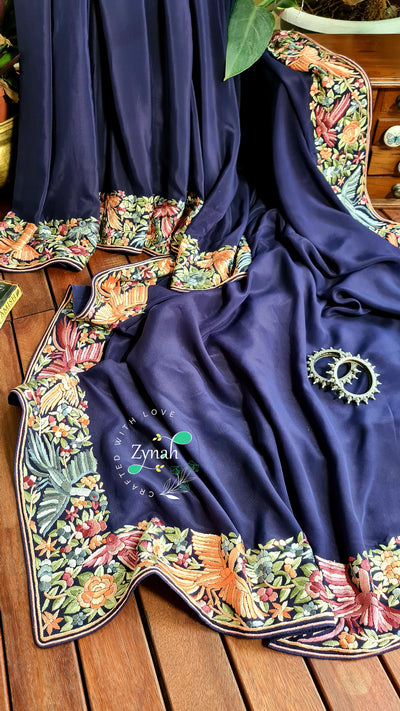 Zynah Made to Order Pure Crepe Silk Parsi Gara Handcrafted Saree; Custom Stitched/Ready-made Blouse, Fall, Petticoat; Shipping available USA, Worldwide