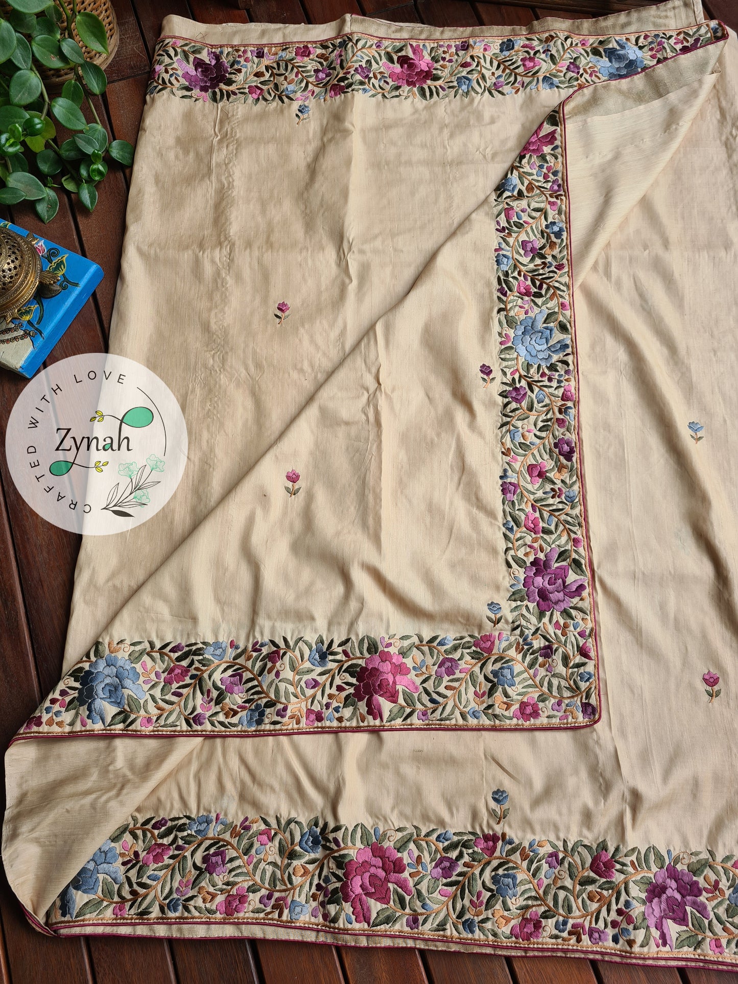 Zynah Made To Order Beige Color Pure Tussar Silk Parsi Gara Handcrafted Saree; Custom Stitched/Ready-made Blouse, Fall, Petticoat; Shipping available USA, Worldwide