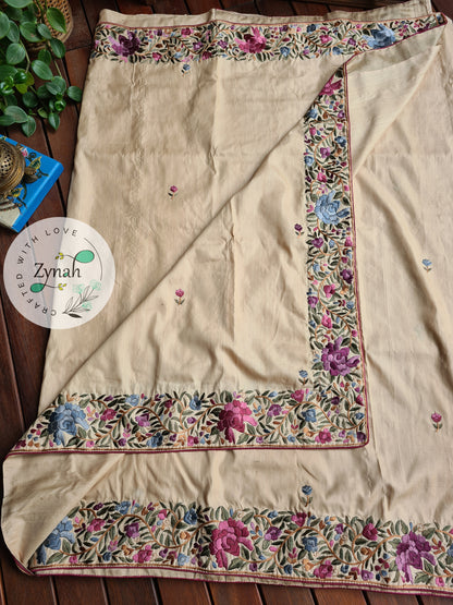 Zynah Made To Order Beige Color Pure Tussar Silk Parsi Gara Handcrafted Saree; Custom Stitched/Ready-made Blouse, Fall, Petticoat; Shipping available USA, Worldwide