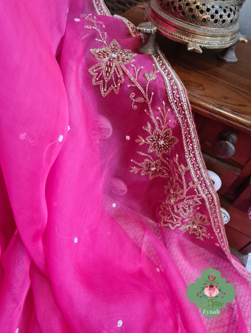 Zynah Hot Pink Pure Organza Silk Saree With Pearl, Cutdana & Sugar Beads Handwork; Custom Stitched/Ready-made Blouse, Fall, Petticoat; SKU: 1402202303