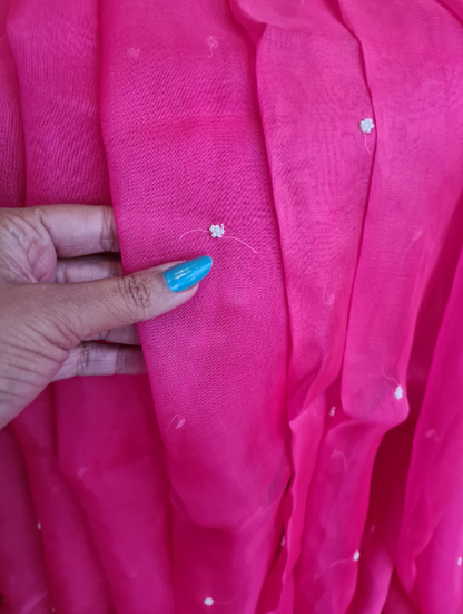 Zynah Hot Pink Pure Organza Silk Saree With Pearl, Cutdana & Sugar Beads Handwork; Custom Stitched/Ready-made Blouse, Fall, Petticoat; SKU: 1402202303