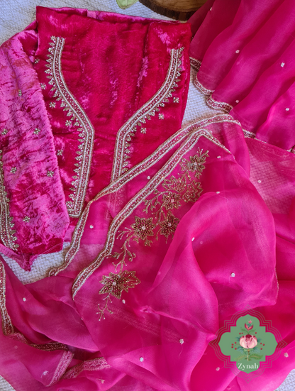 Zynah Hot Pink Pure Organza Silk Saree With Pearl, Cutdana & Sugar Beads Handwork; Custom Stitched/Ready-made Blouse, Fall, Petticoat; SKU: 1402202303
