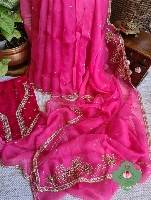 Zynah Hot Pink Pure Organza Silk Saree With Pearl, Cutdana & Sugar Beads Handwork; Custom Stitched/Ready-made Blouse, Fall, Petticoat; SKU: 1402202303