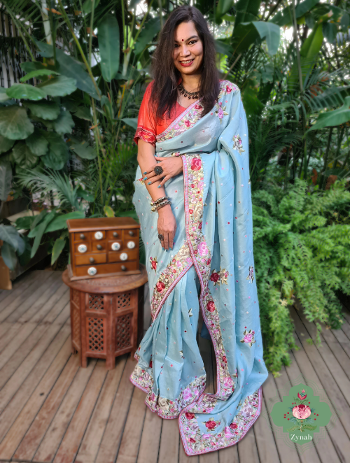 Powder blue Tussar Silk Parsi Gara Saree with intricate embroidery, perfect for special occasions
