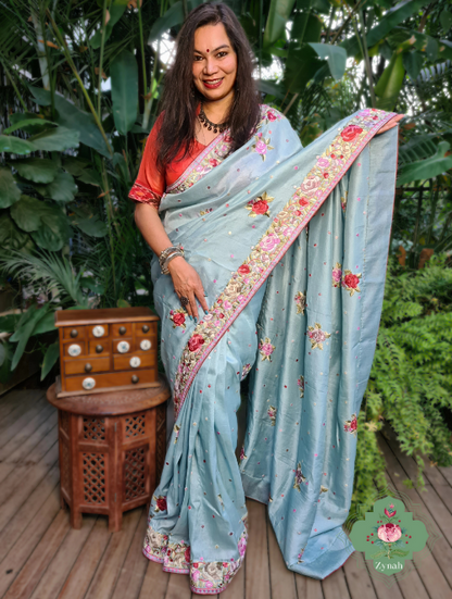 Zynah Made to Order Powder Blue Pure Tussar Silk Parsi Gara Hand Embroidered Saree; Custom Stitched/Ready-made Blouse, Fall, Petticoat; SKU: 3003202302
