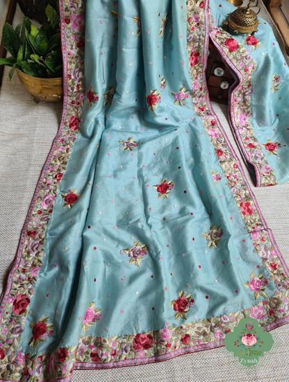 Zynah Made to Order Powder Blue Pure Tussar Silk Parsi Gara Hand Embroidered Saree; Custom Stitched/Ready-made Blouse, Fall, Petticoat; SKU: 3003202302