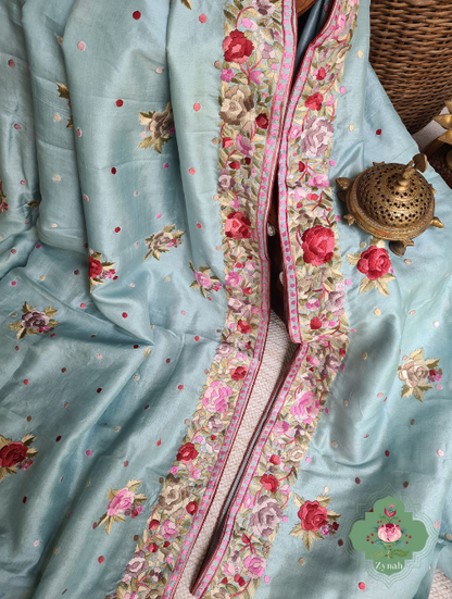 Zynah Made to Order Powder Blue Pure Tussar Silk Parsi Gara Hand Embroidered Saree; Custom Stitched/Ready-made Blouse, Fall, Petticoat; SKU: 3003202302
