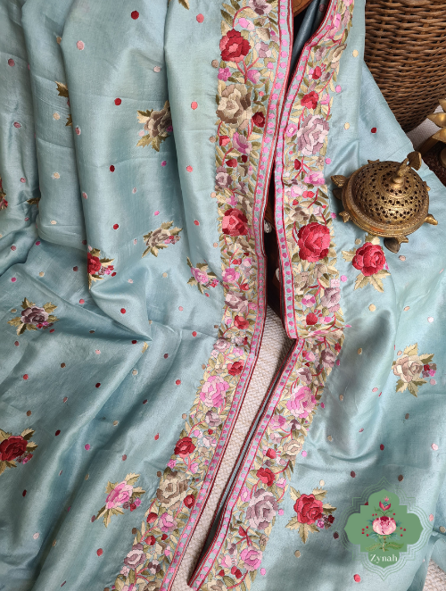 Zynah Powder Blue Pure Tussar Silk Parsi Gara Hand Embroidered Saree; Custom Stitched/Ready-made Blouse, Fall, Petticoat; SKU: 3003202302