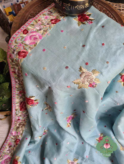 Zynah Made to Order Powder Blue Pure Tussar Silk Parsi Gara Hand Embroidered Saree; Custom Stitched/Ready-made Blouse, Fall, Petticoat; SKU: 3003202302