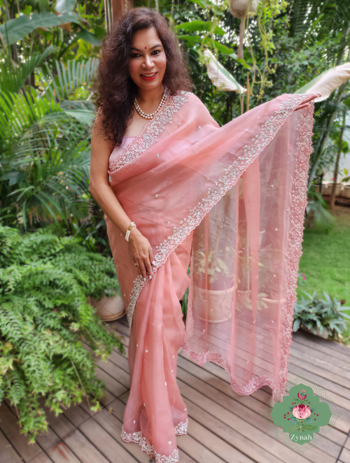 Powder Pink Organza Silk Saree - Lightweight, elegant saree with intricate embellishments. Perfect for special occasions