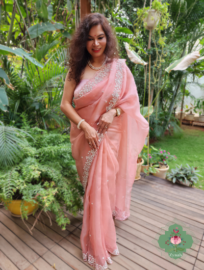 Zynah Powder Pink Pure Organza Silk Saree with Sequence, Pearls & Cut-dana Work; Custom Stitched/Ready-made Blouse, Fall, Petticoat; SKU: 0404202303