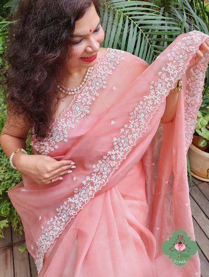 Zynah Powder Pink Pure Organza Silk Saree with Sequence, Pearls & Cut-dana Work; Custom Stitched/Ready-made Blouse, Fall, Petticoat; SKU: 0404202303