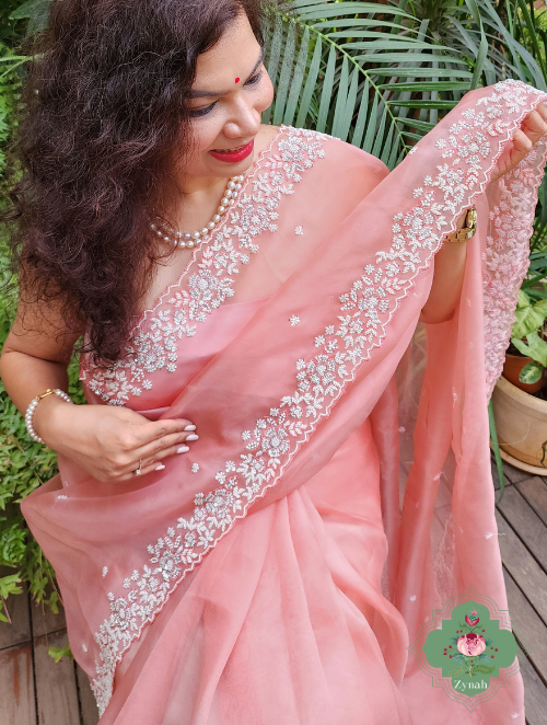 Zynah Powder Pink Pure Organza Silk Saree with Sequence, Pearls & Cut-dana Work; Custom Stitched/Ready-made Blouse, Fall, Petticoat; SKU: 0404202303