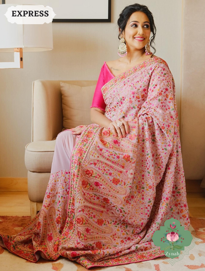 Zynah Mauve Color Pure Georgette Saree with Kashmiri Kashida inspired embroidery; Custom Stitched/Ready-made Blouse, Fall, Petticoat; SKU: 1403202301