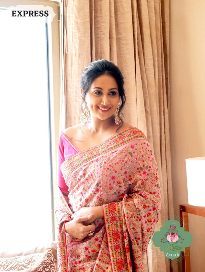 Zynah Mauve Color Pure Georgette Saree with Kashmiri Kashida inspired embroidery; Custom Stitched/Ready-made Blouse, Fall, Petticoat; SKU: 1403202301