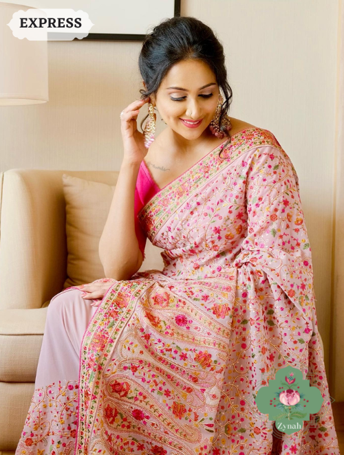 Zynah Mauve Color Pure Georgette Saree with Kashmiri Kashida inspired embroidery; Custom Stitched/Ready-made Blouse, Fall, Petticoat; SKU: 1403202301