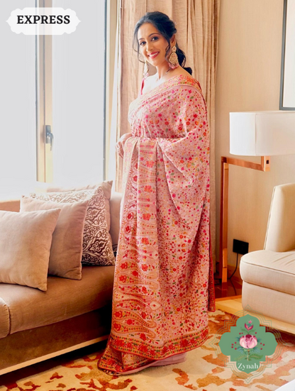 Zynah Mauve Color Pure Georgette Saree with Kashmiri Kashida inspired embroidery; Custom Stitched/Ready-made Blouse, Fall, Petticoat; SKU: 1403202301