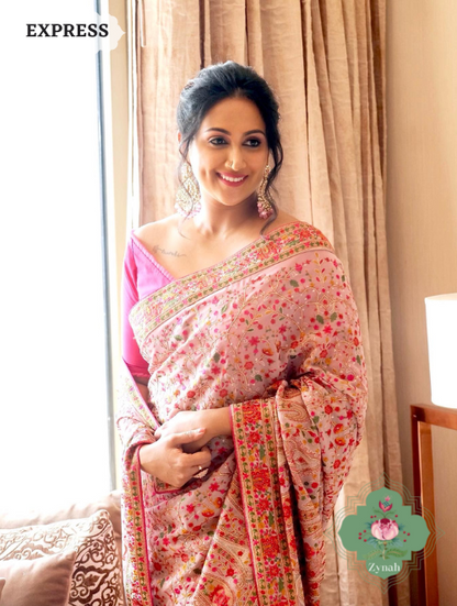 Zynah Mauve Color Pure Georgette Saree with Kashmiri Kashida inspired embroidery; Custom Stitched/Ready-made Blouse, Fall, Petticoat; SKU: 1403202301