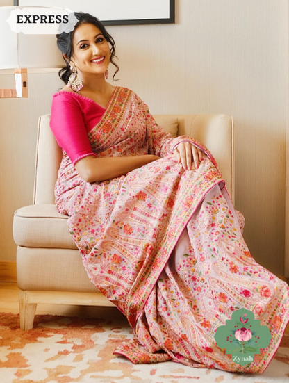 Zynah Mauve Color Pure Georgette Saree with Kashmiri Kashida inspired embroidery; Custom Stitched/Ready-made Blouse, Fall, Petticoat; SKU: 1403202301