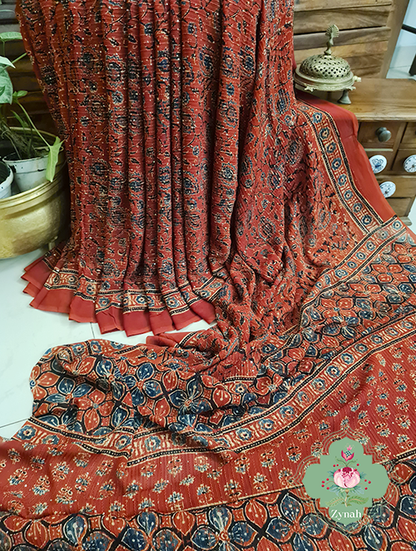 Zynah Madder Red Pure Georgette Sequence Work Saree with Ajrakh Handblock Prints; Custom Stitched/Ready-made Blouse, Fall, Petticoat; SKU: xyz-0301202302