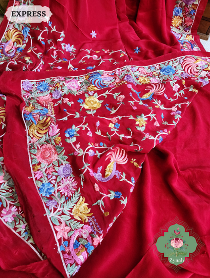 Zynah Made to Order Red Pure Crepe Silk Hand Embroidered Parsi Gara Saree, Authentic Vintage Art, Heirloom Piece; Custom Stitched/Ready-made Blouse, Fall, Petticoat; SKU: 2302202301