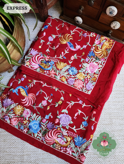 Zynah Made to Order Red Pure Crepe Silk Hand Embroidered Parsi Gara Saree, Authentic Vintage Art, Heirloom Piece; Custom Stitched/Ready-made Blouse, Fall, Petticoat; SKU: 2302202301