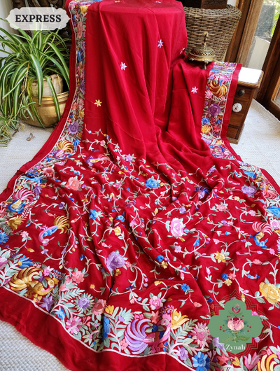 Zynah Red Pure Crepe Silk Hand Embroidered Parsi Gara Saree, Authentic Vintage Art, Heirloom Piece; Custom Stitched/Ready-made Blouse, Fall, Petticoat; SKU: 2302202301