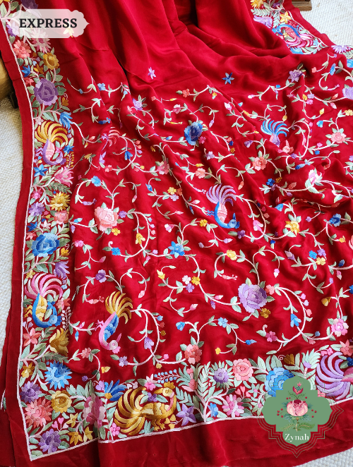 Zynah Made to Order Red Pure Crepe Silk Hand Embroidered Parsi Gara Saree, Authentic Vintage Art, Heirloom Piece; Custom Stitched/Ready-made Blouse, Fall, Petticoat; SKU: 2302202301