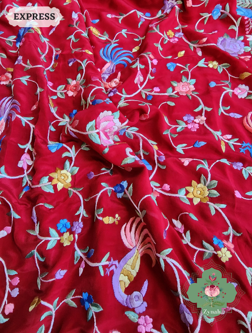 Zynah Red Pure Crepe Silk Hand Embroidered Parsi Gara Saree, Authentic Vintage Art, Heirloom Piece; Custom Stitched/Ready-made Blouse, Fall, Petticoat; SKU: 2302202301
