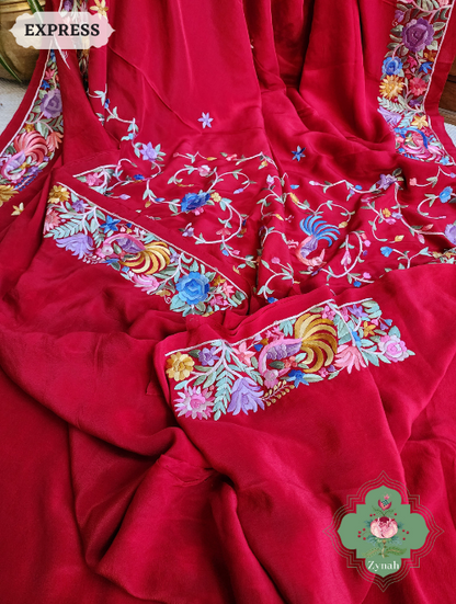 Zynah Made to Order Red Pure Crepe Silk Hand Embroidered Parsi Gara Saree, Authentic Vintage Art, Heirloom Piece; Custom Stitched/Ready-made Blouse, Fall, Petticoat; SKU: 2302202301