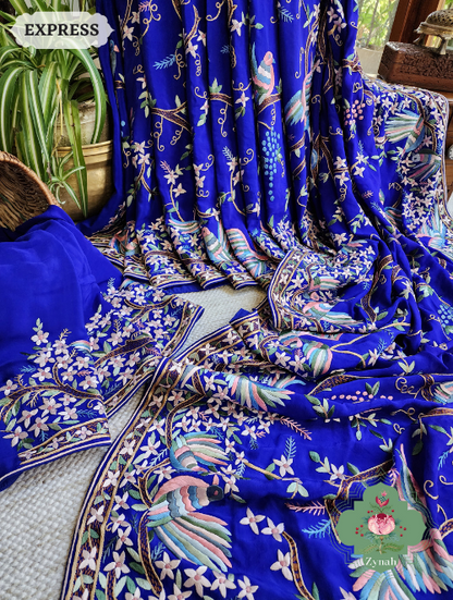 Zynah Royal Blue Pure Crepe Silk Hand Embroidered Parsi Gara Saree, Authentic Vintage Art, Heirloom Piece; Custom Stitched/Ready-made Blouse, Fall, Petticoat; SKU: 2302202303
