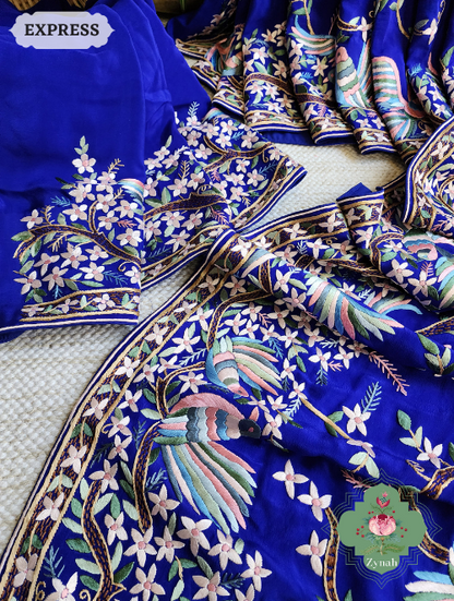 Zynah Royal Blue Pure Crepe Silk Hand Embroidered Parsi Gara Saree, Authentic Vintage Art, Heirloom Piece; Custom Stitched/Ready-made Blouse, Fall, Petticoat; SKU: 2302202303