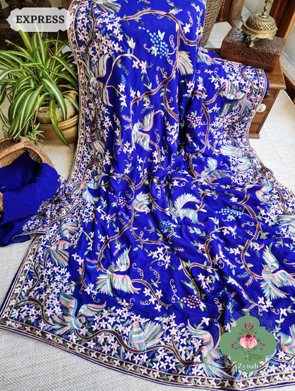 Zynah Royal Blue Pure Crepe Silk Hand Embroidered Parsi Gara Saree, Authentic Vintage Art, Heirloom Piece; Custom Stitched/Ready-made Blouse, Fall, Petticoat; SKU: 2302202303