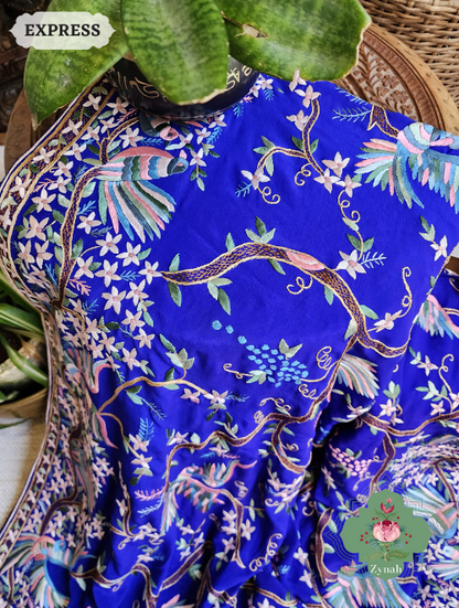 Zynah Royal Blue Pure Crepe Silk Hand Embroidered Parsi Gara Saree, Authentic Vintage Art, Heirloom Piece; Custom Stitched/Ready-made Blouse, Fall, Petticoat; SKU: 2302202303