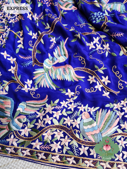 Zynah Royal Blue Pure Crepe Silk Hand Embroidered Parsi Gara Saree, Authentic Vintage Art, Heirloom Piece; Custom Stitched/Ready-made Blouse, Fall, Petticoat; SKU: 2302202303