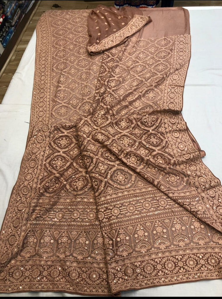 Zynah Pure Georgette Chikankari Saree in Pastel Shades, Sequence Hand work, Dyeable; Custom Stitched/Ready-made Blouse, Fall, Petticoat; Shipping available USA, Worldwide