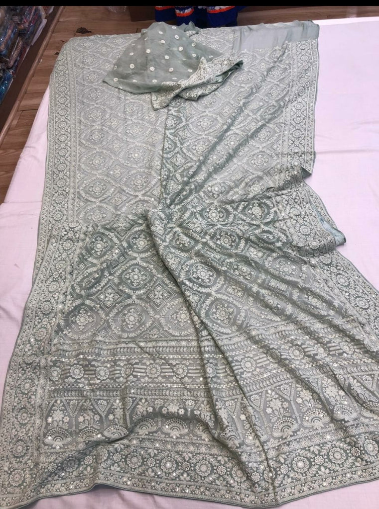 Zynah Pure Georgette Chikankari Saree in Pastel Shades, Sequence Hand work, Dyeable; Custom Stitched/Ready-made Blouse, Fall, Petticoat; Shipping available USA, Worldwide